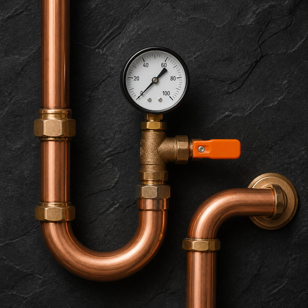Copper drain trap and pressure gauge detail